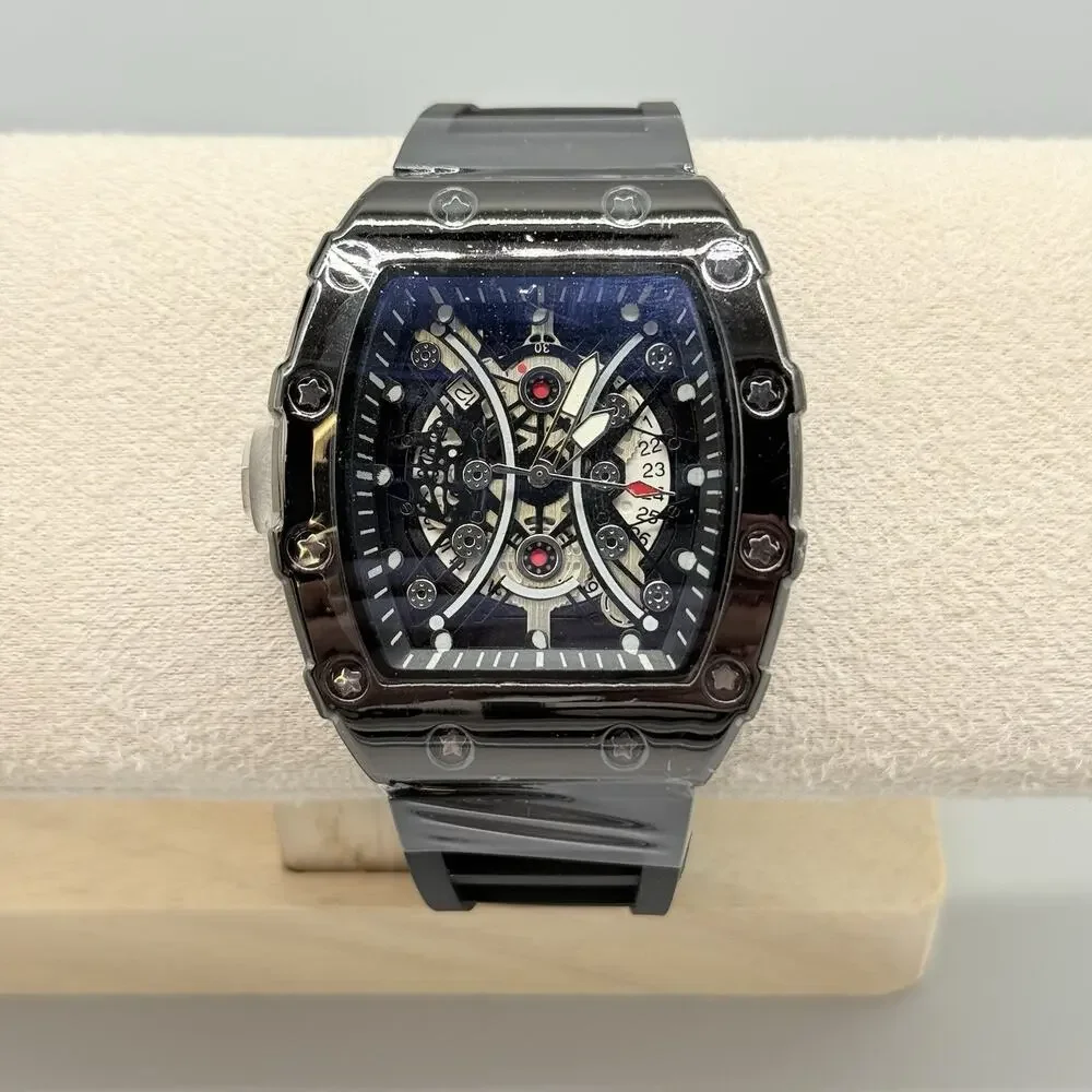 Mens Black Tonneau Quartz Heavy Duty Watch Skeleton Dial Mille Style Barrel